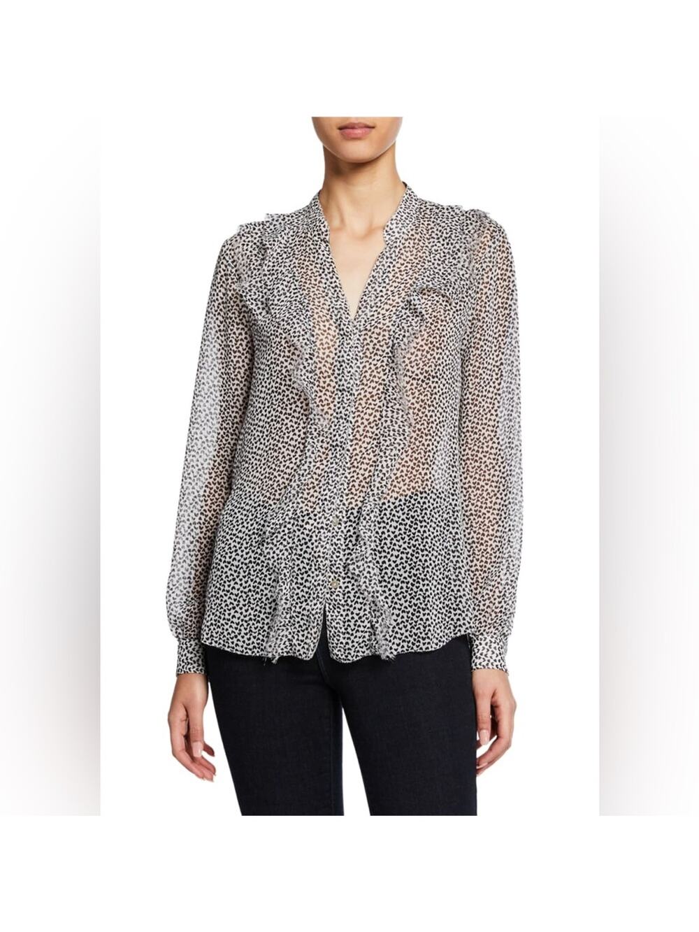 L’Agence Nadine Ruffle Shoulder Long Sleeve Blouse Sheer Heart Print Size Small